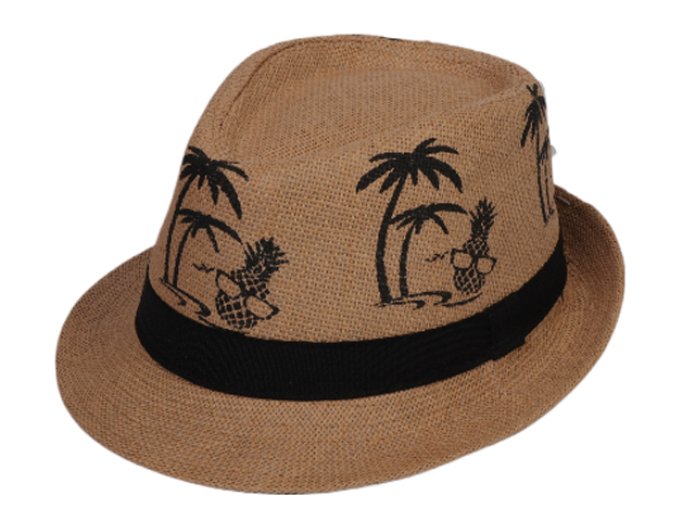 Pineapple & Palm Tree Print Black Band Natural Trilby Hat